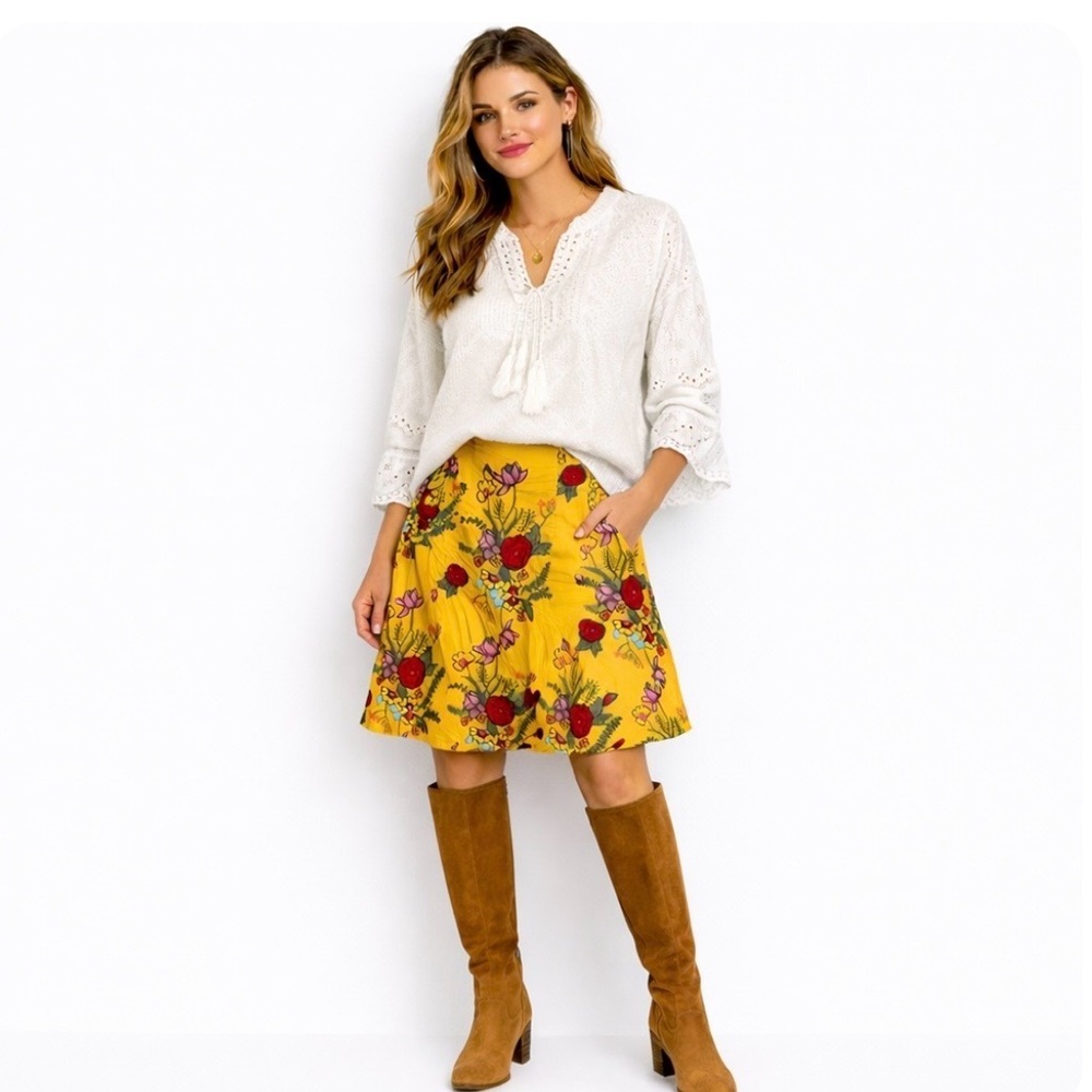 Johnny Was Yellow Embroidered Floral Midi Length Skirt Boho Cotton A-Line Size 2 - Picture 2 of 11